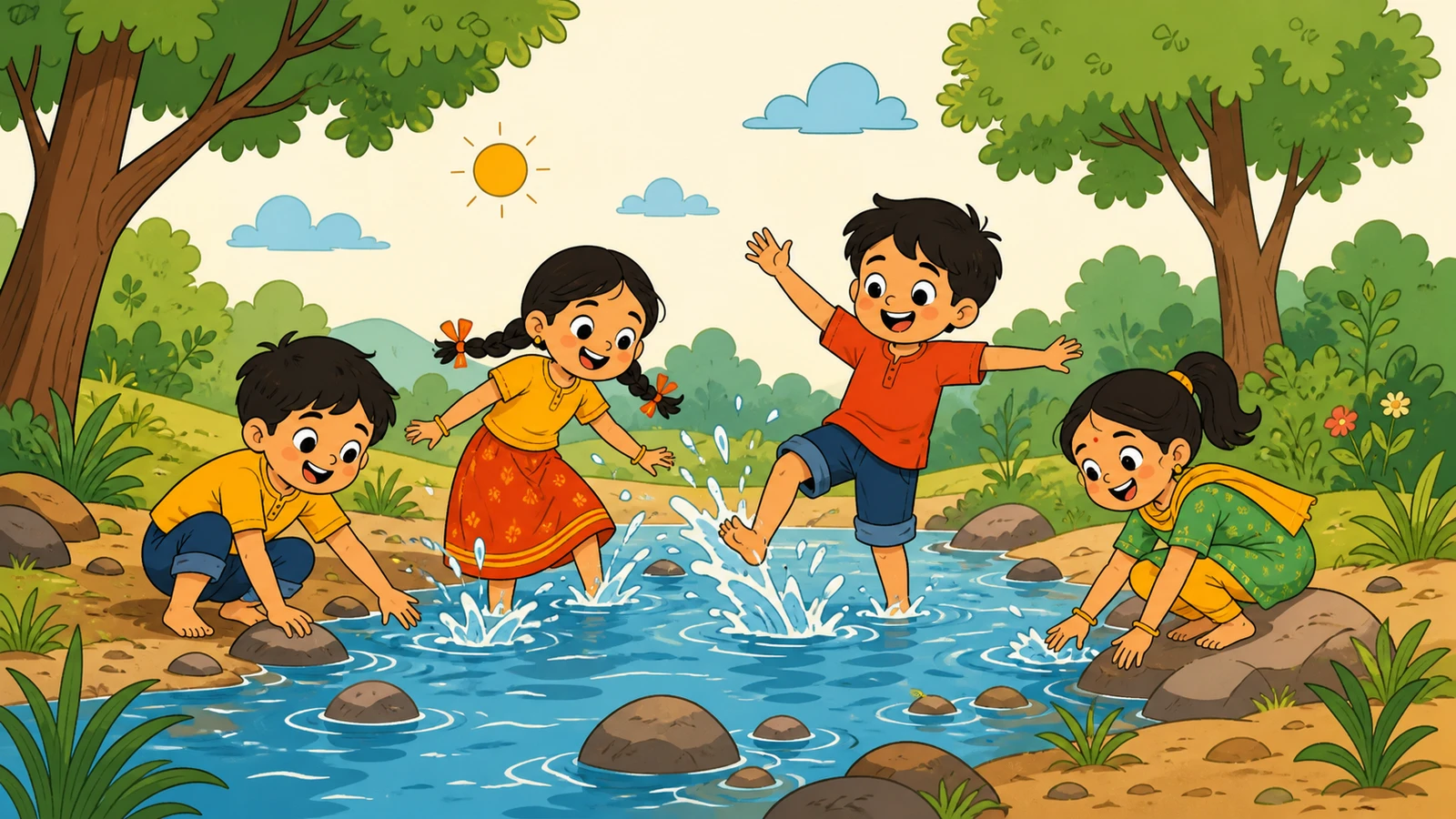 ઝરણા પાસે રમતાં બાળકો