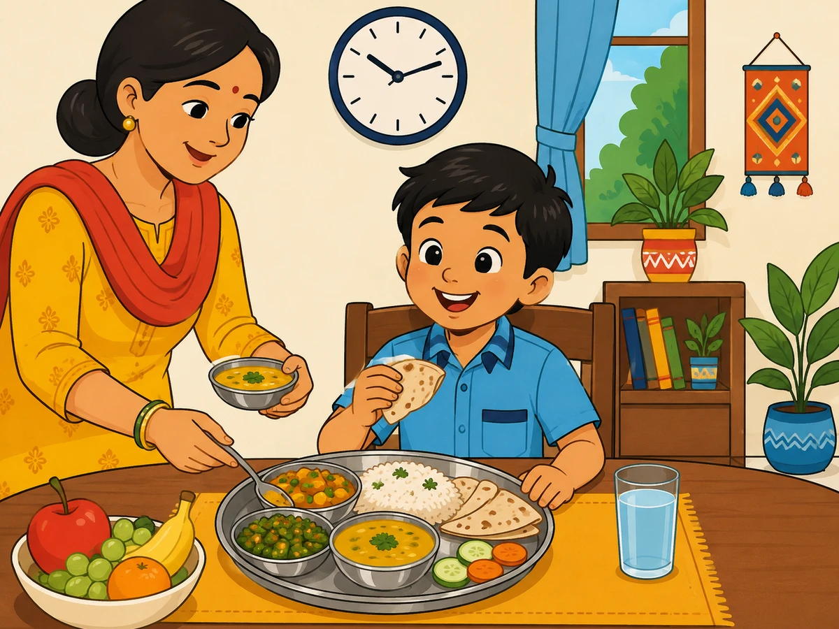 માતા બાળકને સમયસર ભોજન પીરસી રહી છે
